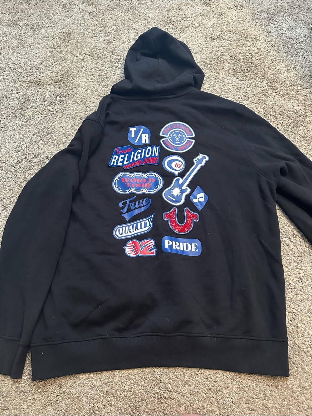 True Religion Black Hoodie with Multicolor Patch Graphics